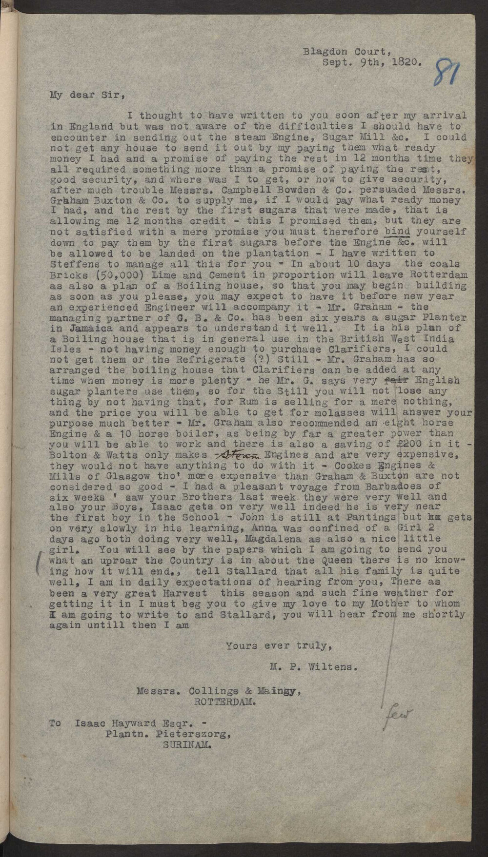 Transcript of m Peter Wiltens Andree, England to Isaac Hayward, Surinam