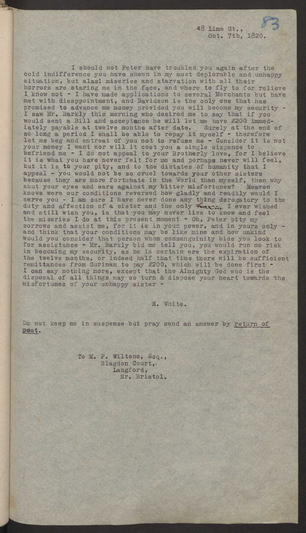 Transcript of letter (Mrs) E White to M P  W A