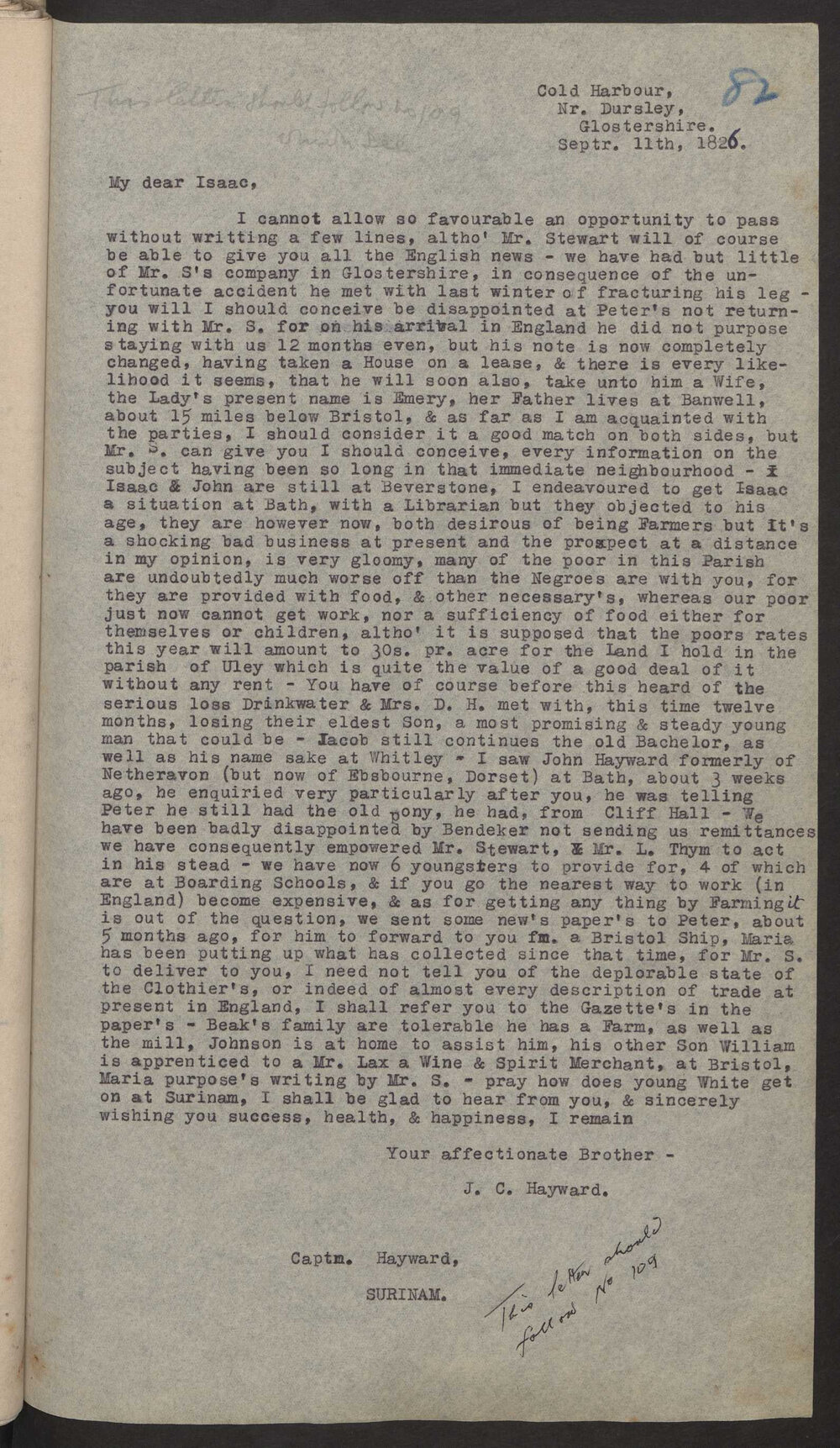 Transcript of letter J C Hayward to Isaac Hayward, Surinam