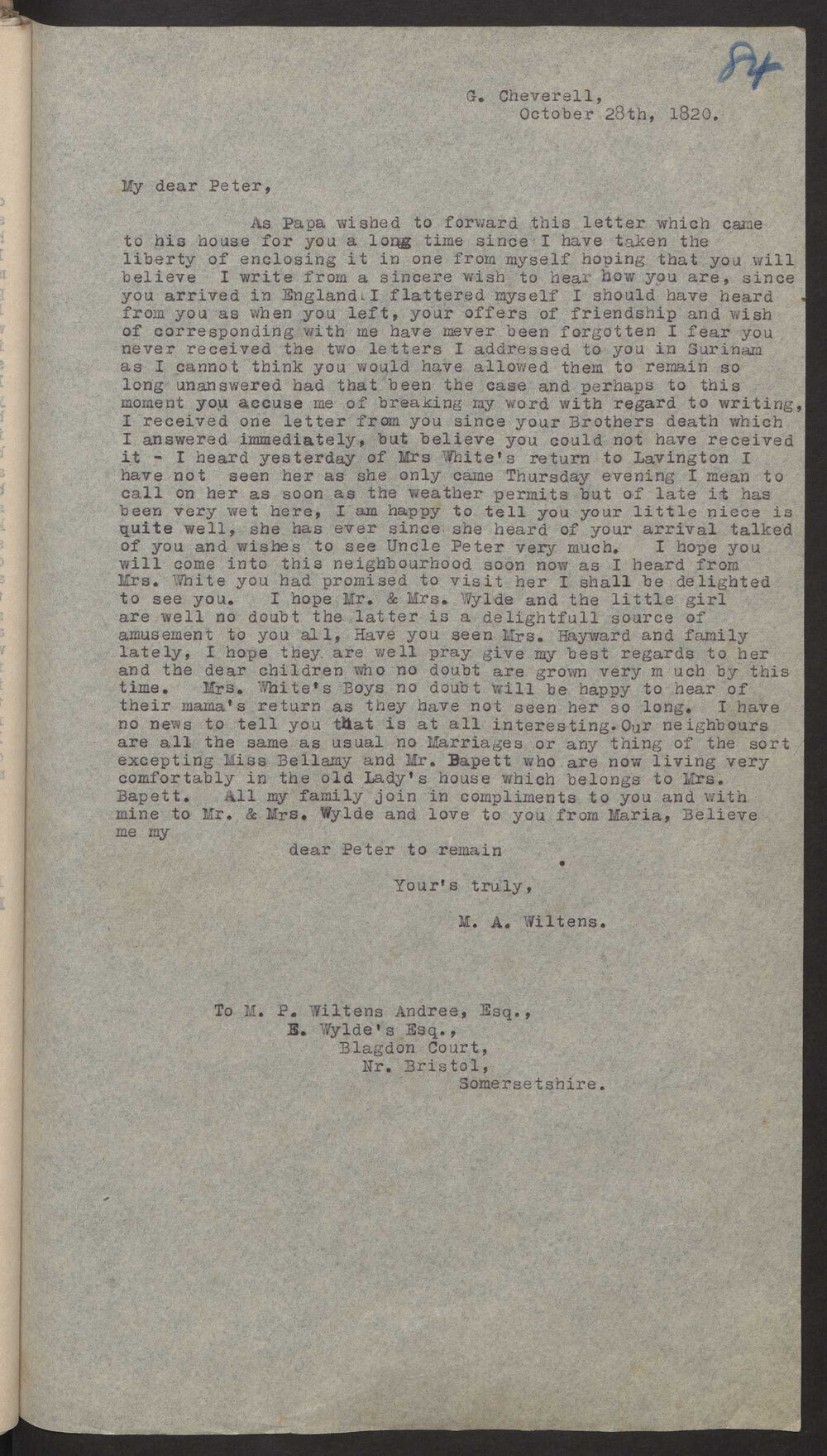 Transcript of letter (Mrs) M A  Wiltens (Mrs JF Wiltens Andree) to M P W A, England.