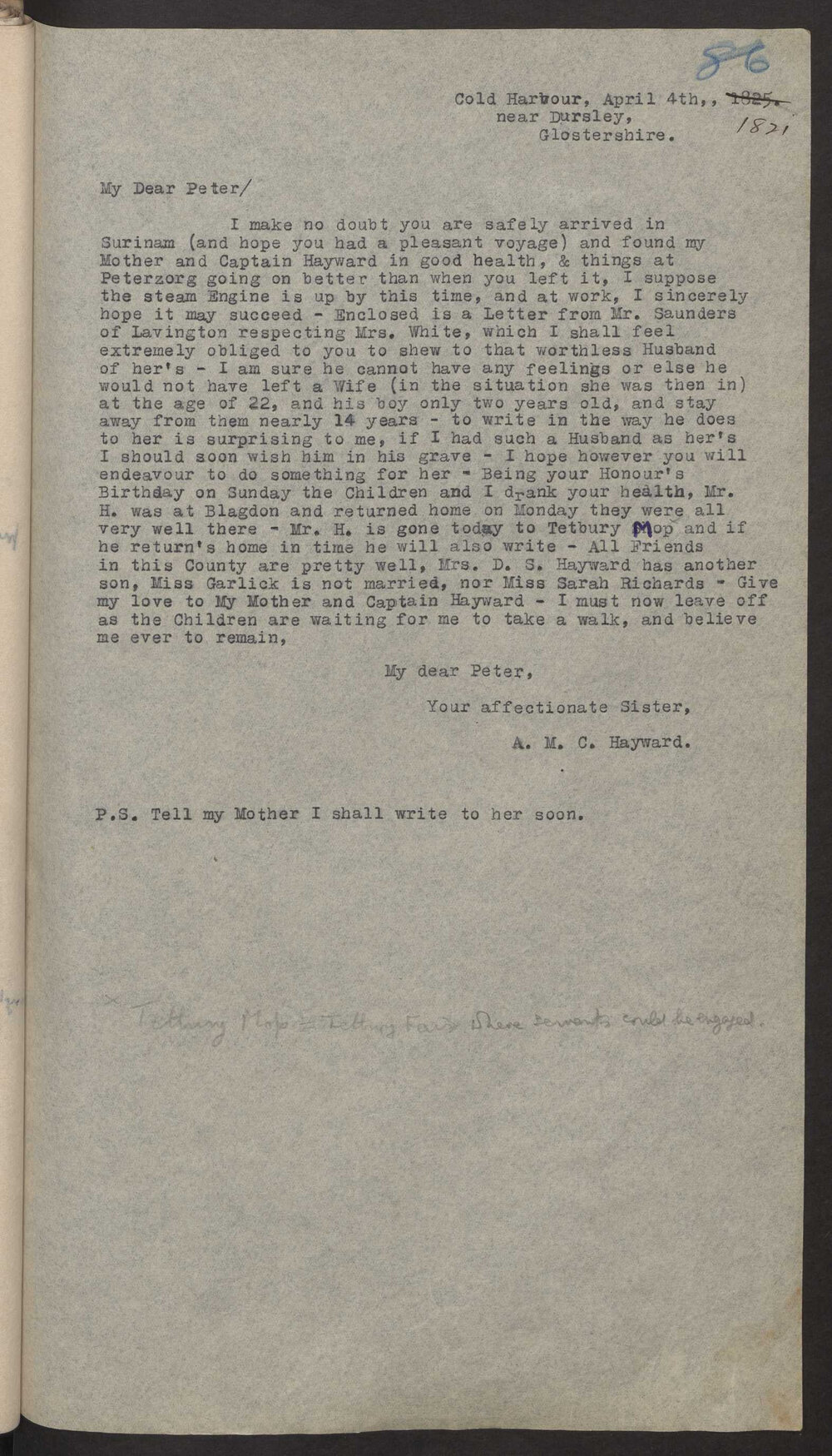 Transcript of letter A M C Hayward to M P W A, Surinam, 4 April 1821