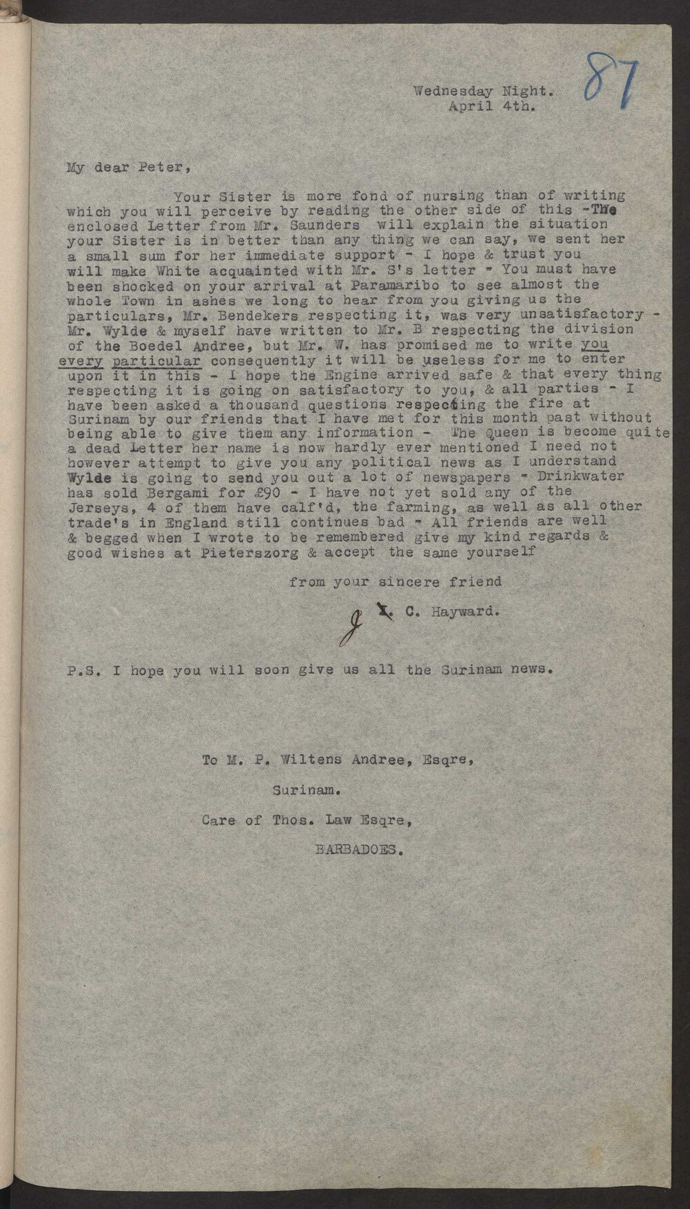 Transcript of letter J C Hayward to M P W A, Surinam