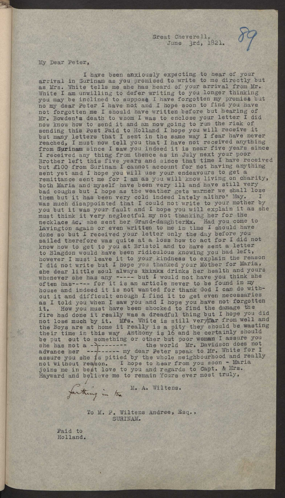 Transcript of letter M A (Mrs J F W A) Wiltens to M P W A, Surinam