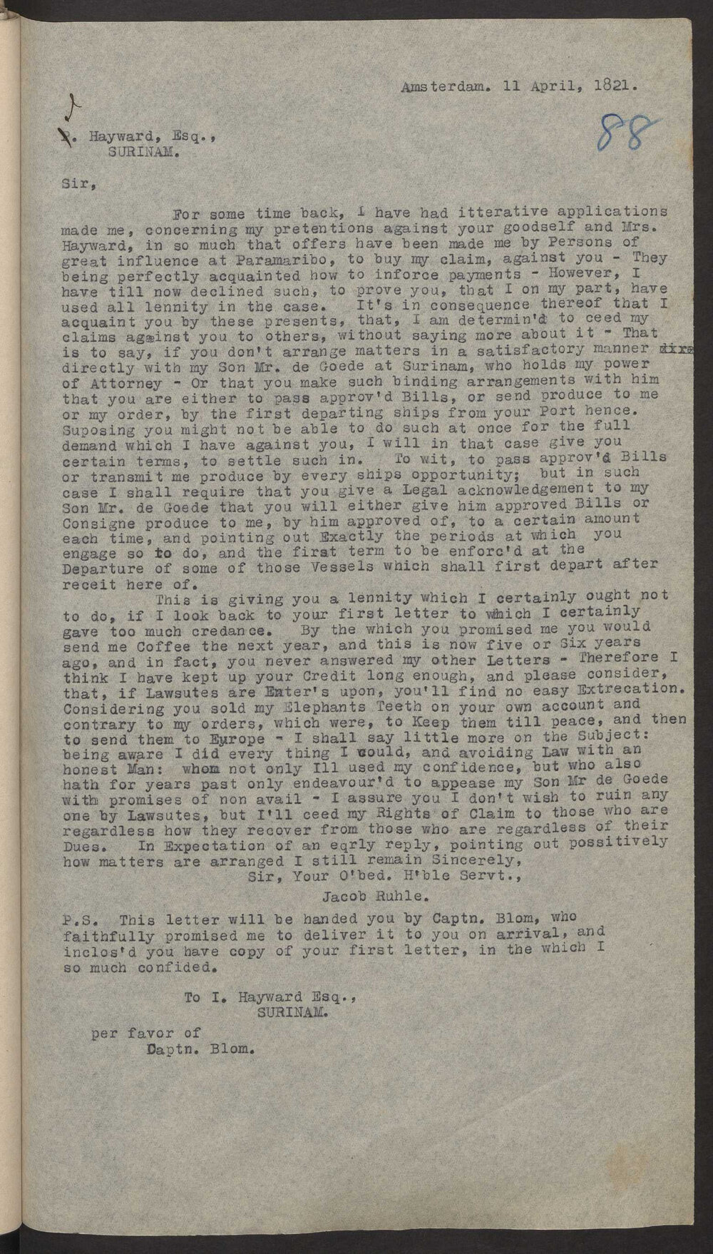 Transcript of letter Jacob Ruhle, Amsterdam to Isaac Hayward, Surinam