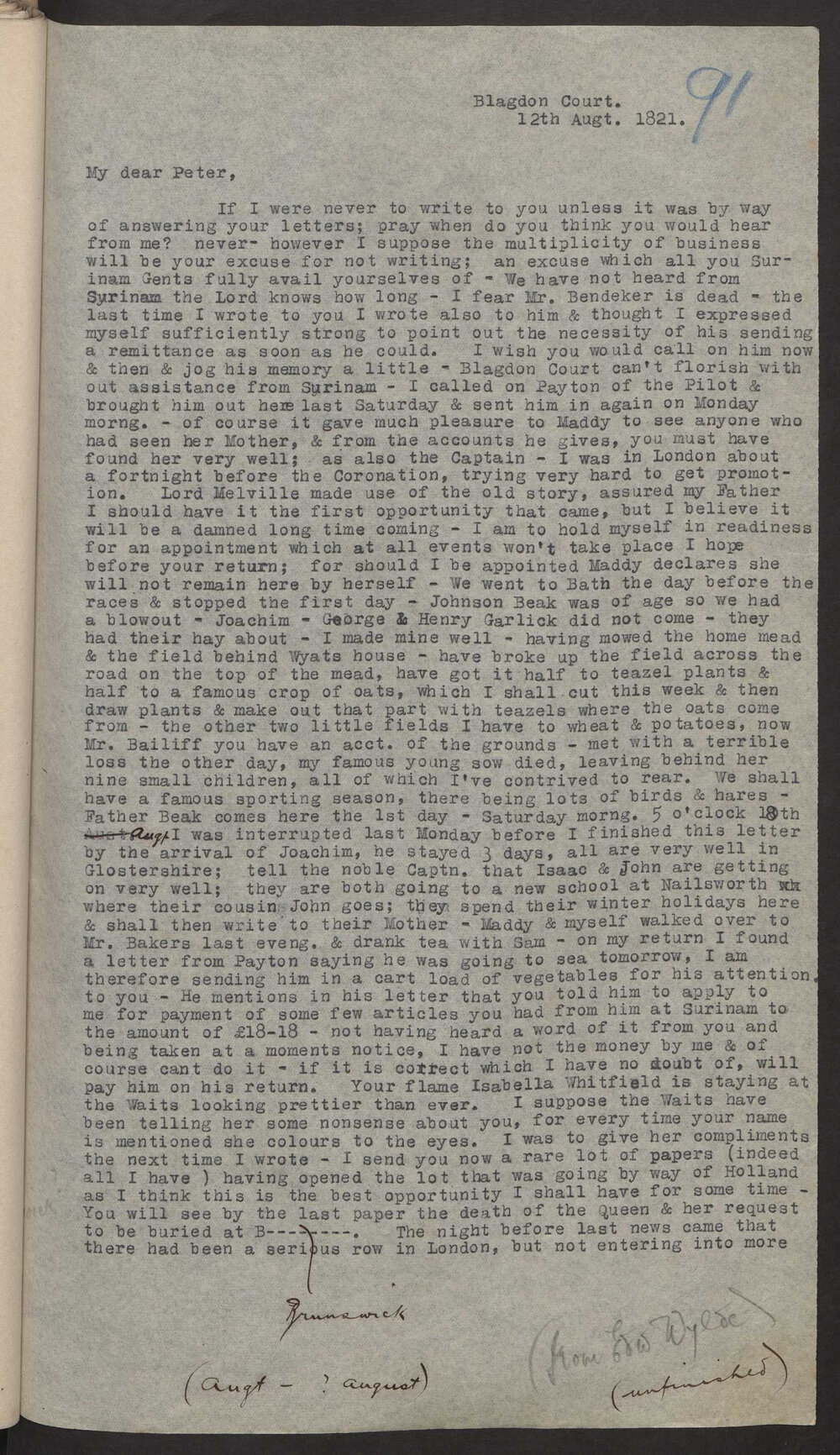 Transcript of letter Edward Wylde to M P W A, Surinam, 12 August 1821