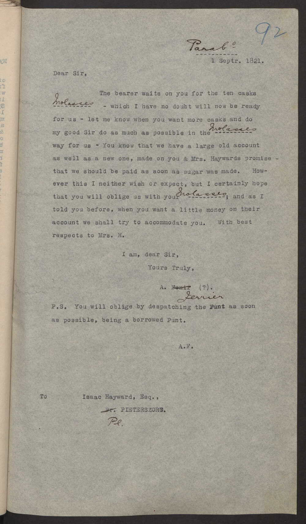 Transcript of letter A Ferrier, Paramaribo to Isaac Hayward, Surinam