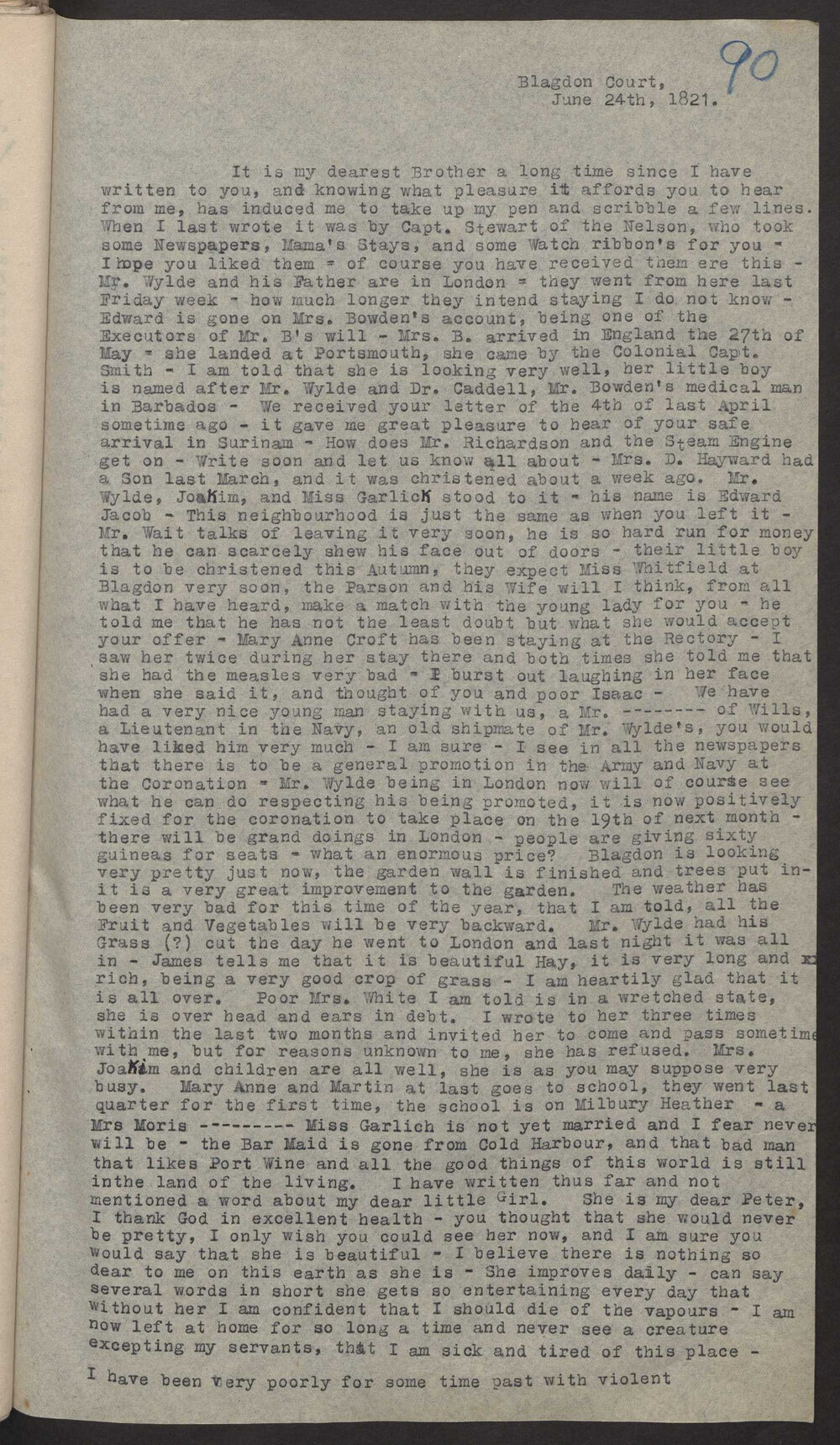 Transcript of letter Magdelina Wylde  to M P W Andree, Surinam