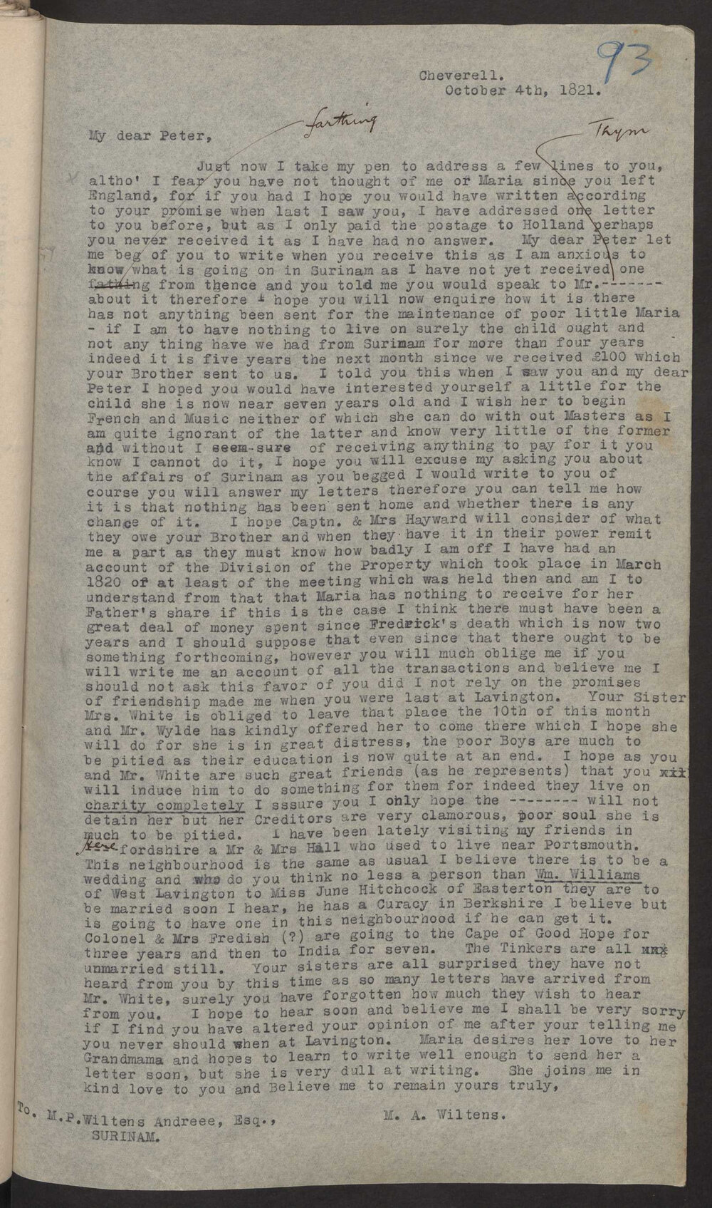 Transcript of letter M A  Wiltens, England to M P W A, Surinam