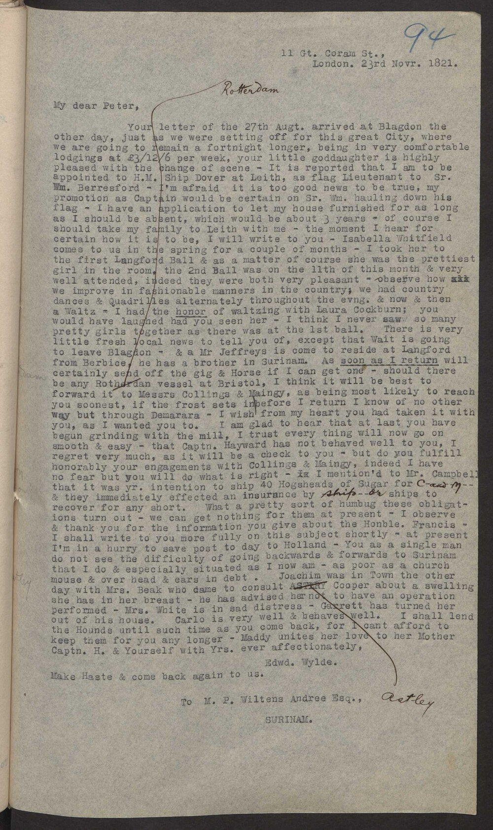 Transcript of letter Edward Wylde, London to M P W A, Surinam