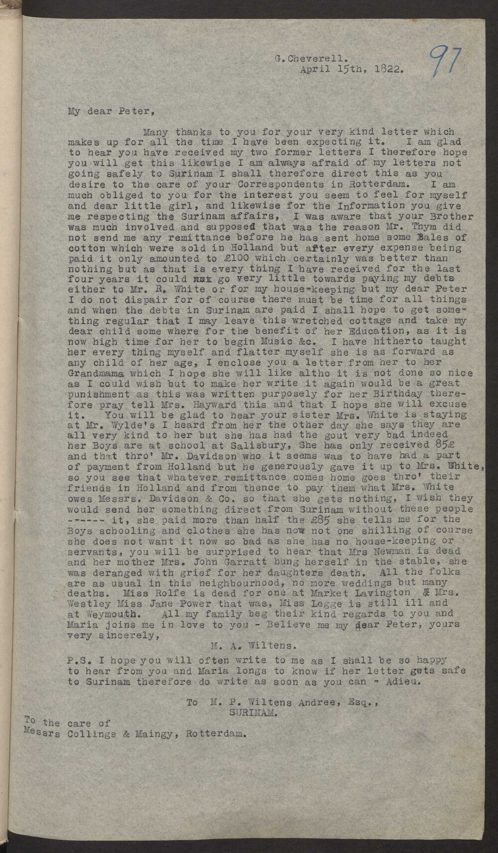 Transcript of letter M A Wiltens to M P W A, Surinam