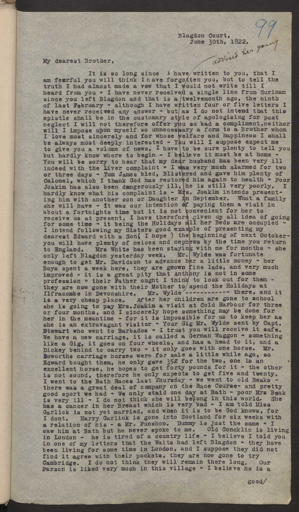 Transcript of letter Magdelina (Mrs E D W) Wylde, England to M P W A Surinam