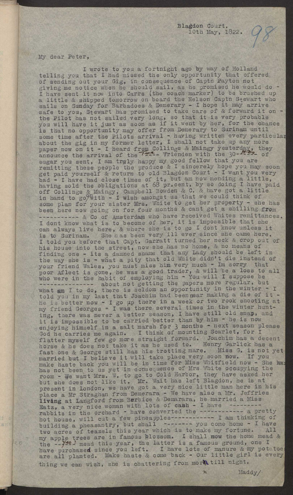 Transcript of letter Edward Wylde to M P W A, Surinam, 10 May 1822