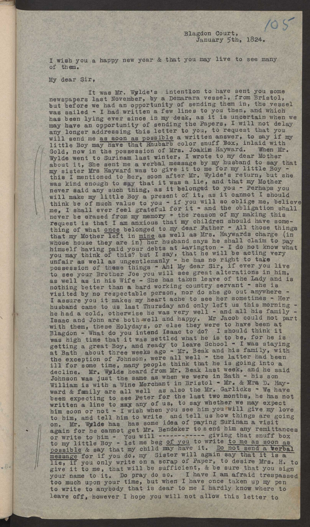 Transcript of letter Magdelina Wylde to Isaac Hayward, Surinam