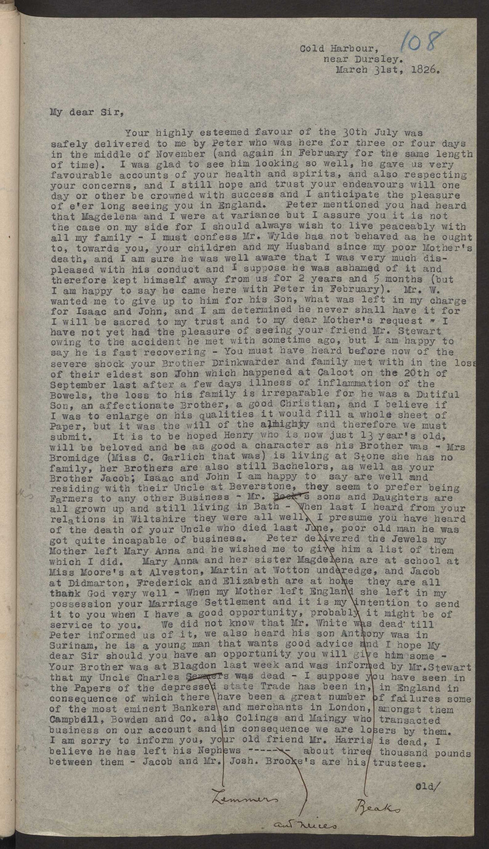 Transcript of letter A M C Hayward to Isaac Hayward, Surinam, 31 March 1826