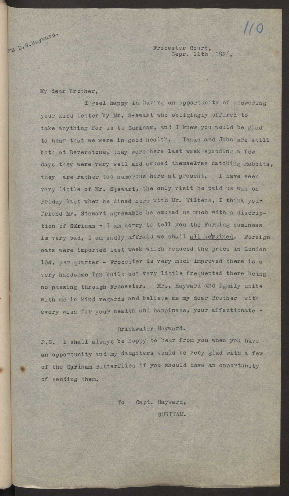Transcript of letter Drinkwater Hayward, England to Isaac Hayward, Surinam