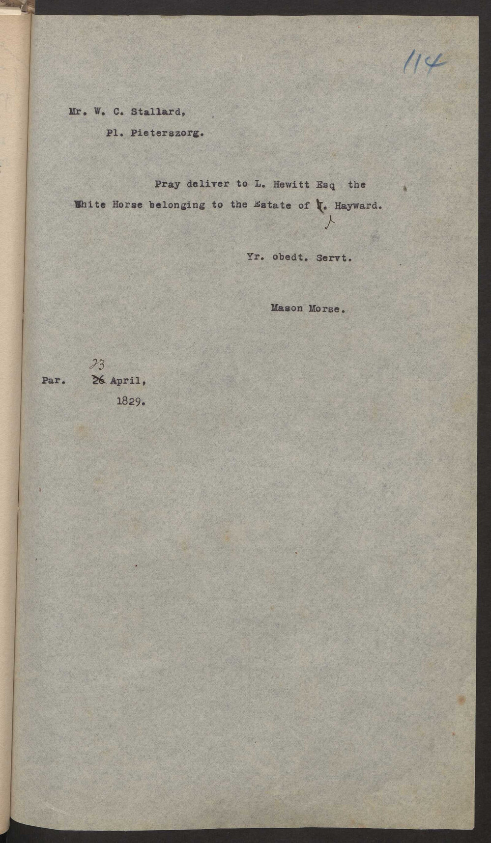 Transcript of letter Mason Morse to WC Stallard order re horse of Isaac Hayward