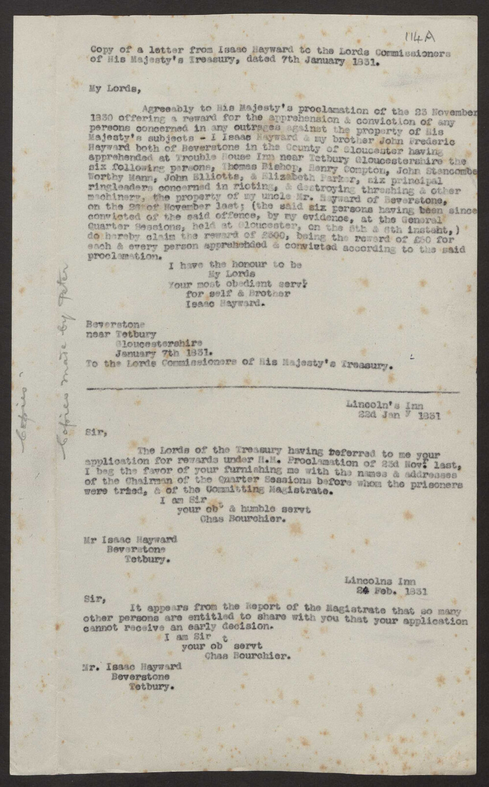 Transcript of letter Isaac Hayward (jnr) on behalf of self and brother, to Lords Commissioners, HMG