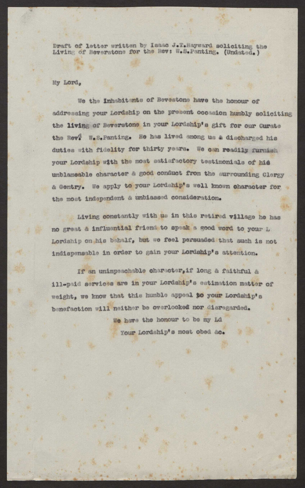 Transcript of letter Isaac Hayward (jnr) on behalf of Rev WS Panting