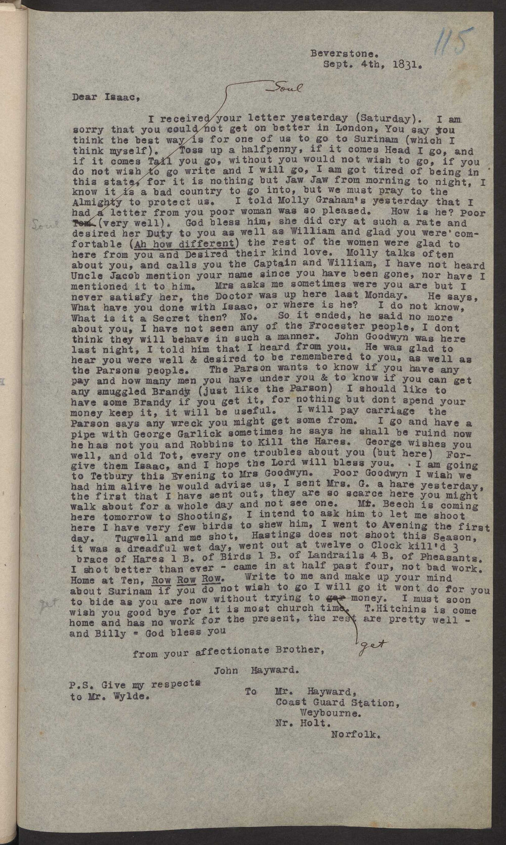 Transcript of letter John Fredk Hayward to his brother Isaac Hayward, Weybourne (Jnr), Norfolk