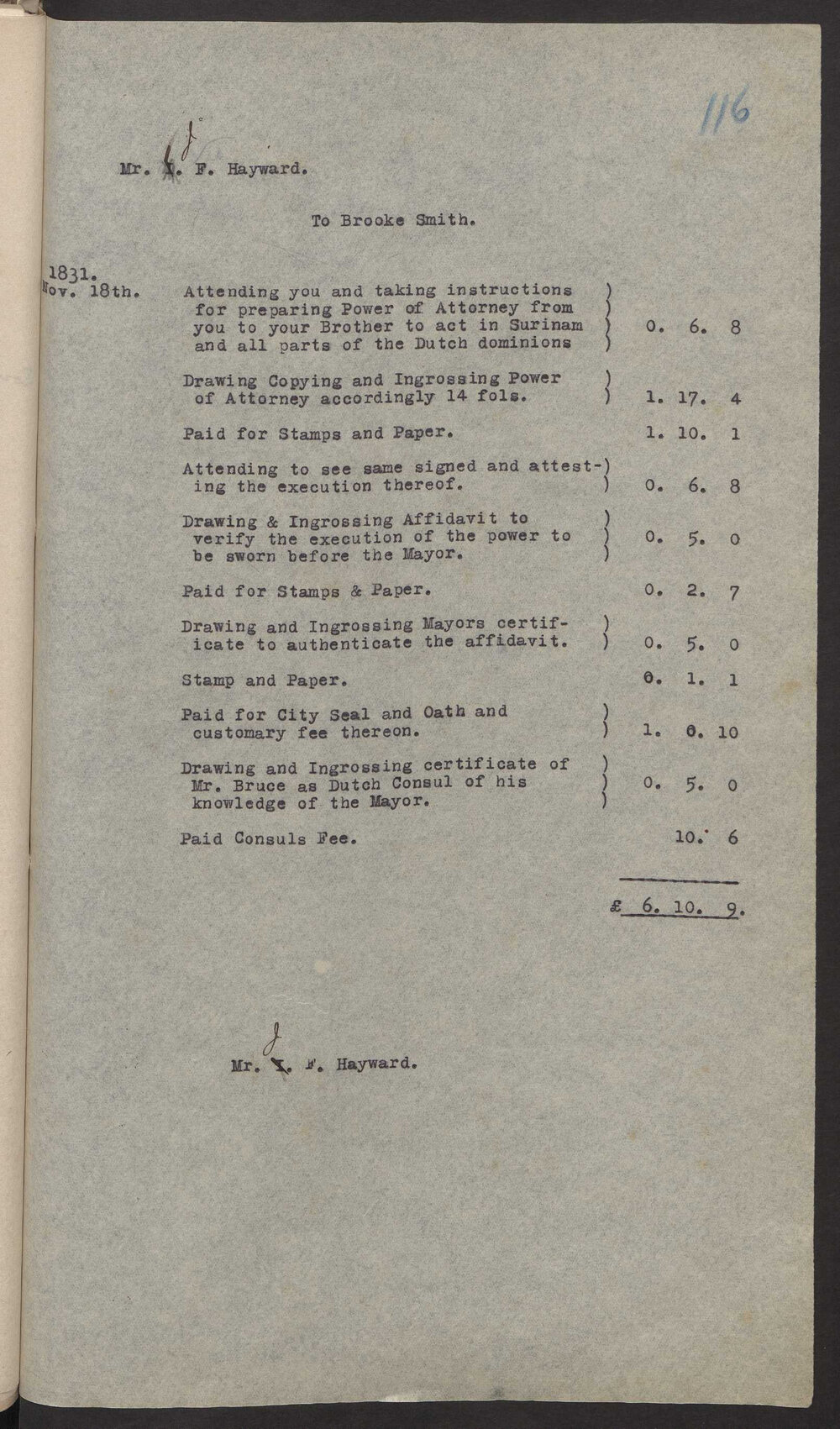 Transcript of lawyers account to JF Hayward