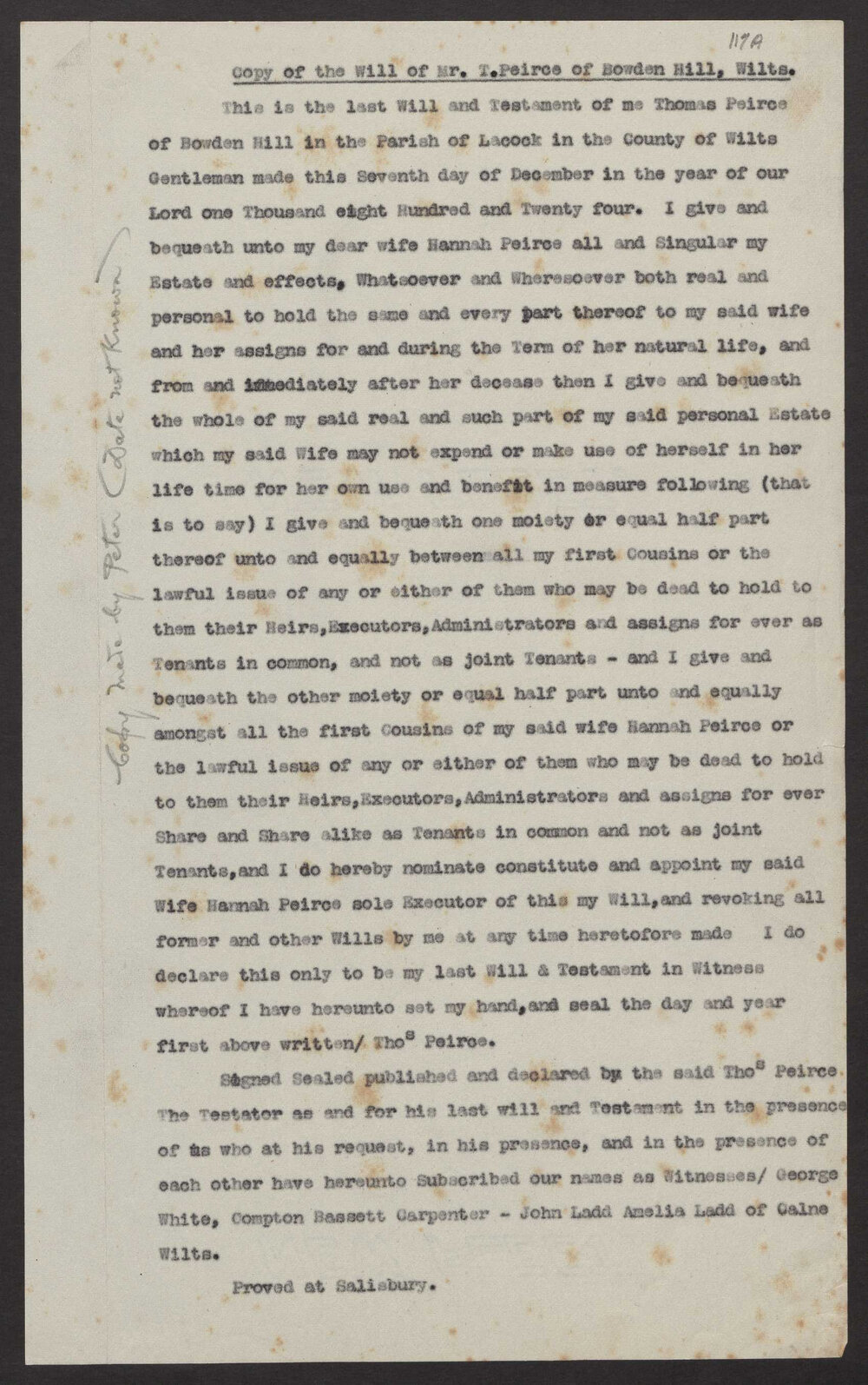 Transcript of last will and testament of T Pierce of Bowden Hill, Wiltshire.