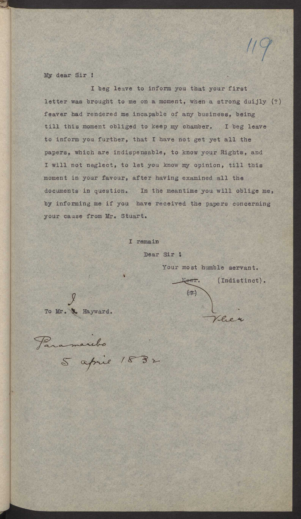 Transcript of letter Vlier, Paramaribo to Isaac Hayward (jnr), Surinam, 5 April 1832