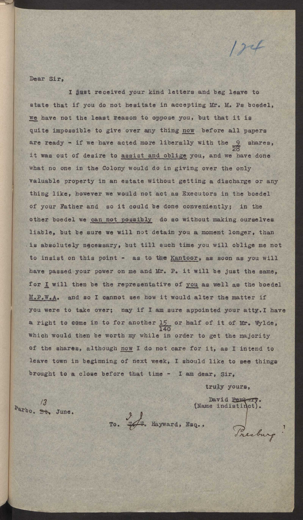 Transcript of letter David Presburg to Isaac Hayward, Surinam, 13 June