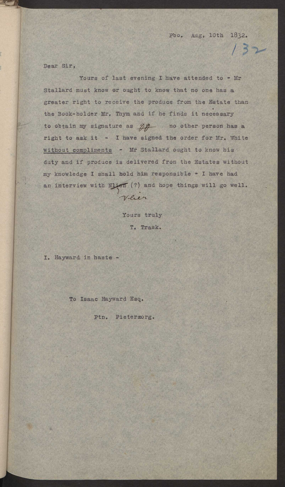 Transcript of letter T Trask to Isaac Hayward, Surinam