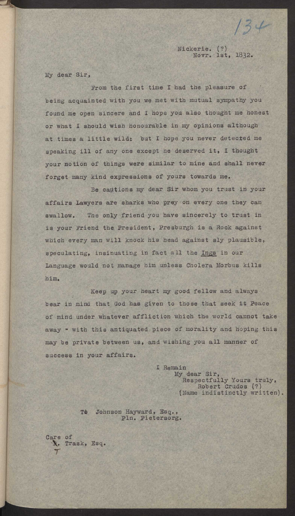 Transcript of letter Robert Crudos to Isaac Hayward, Surinam