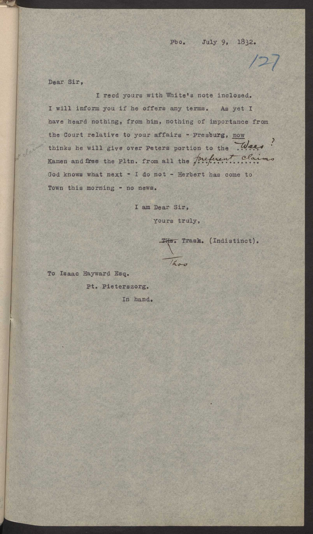 Transcript of letter Thomas Trask to Isaac Hayward, Surinam, 9 July 1832