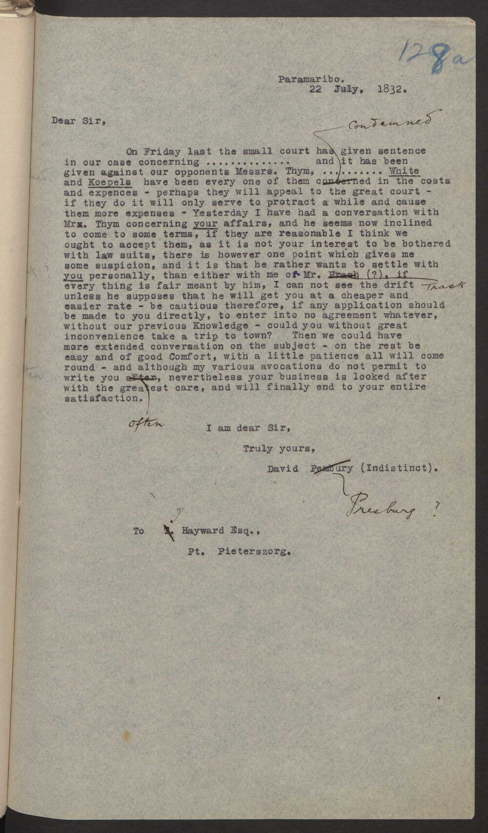 Transcript of letter David Presburg to Isaac Hayward, Surinam, 22 July 1832
