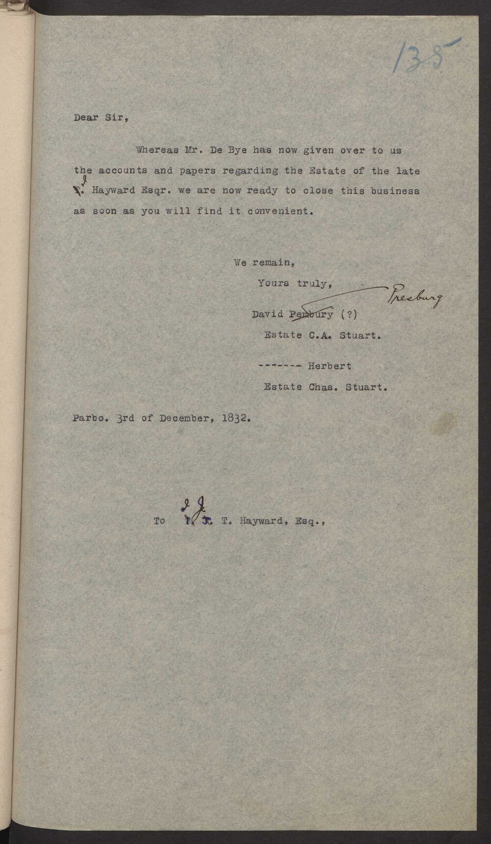 Transcript of letter David Presburg and others to Isaac Hayward, Surinam