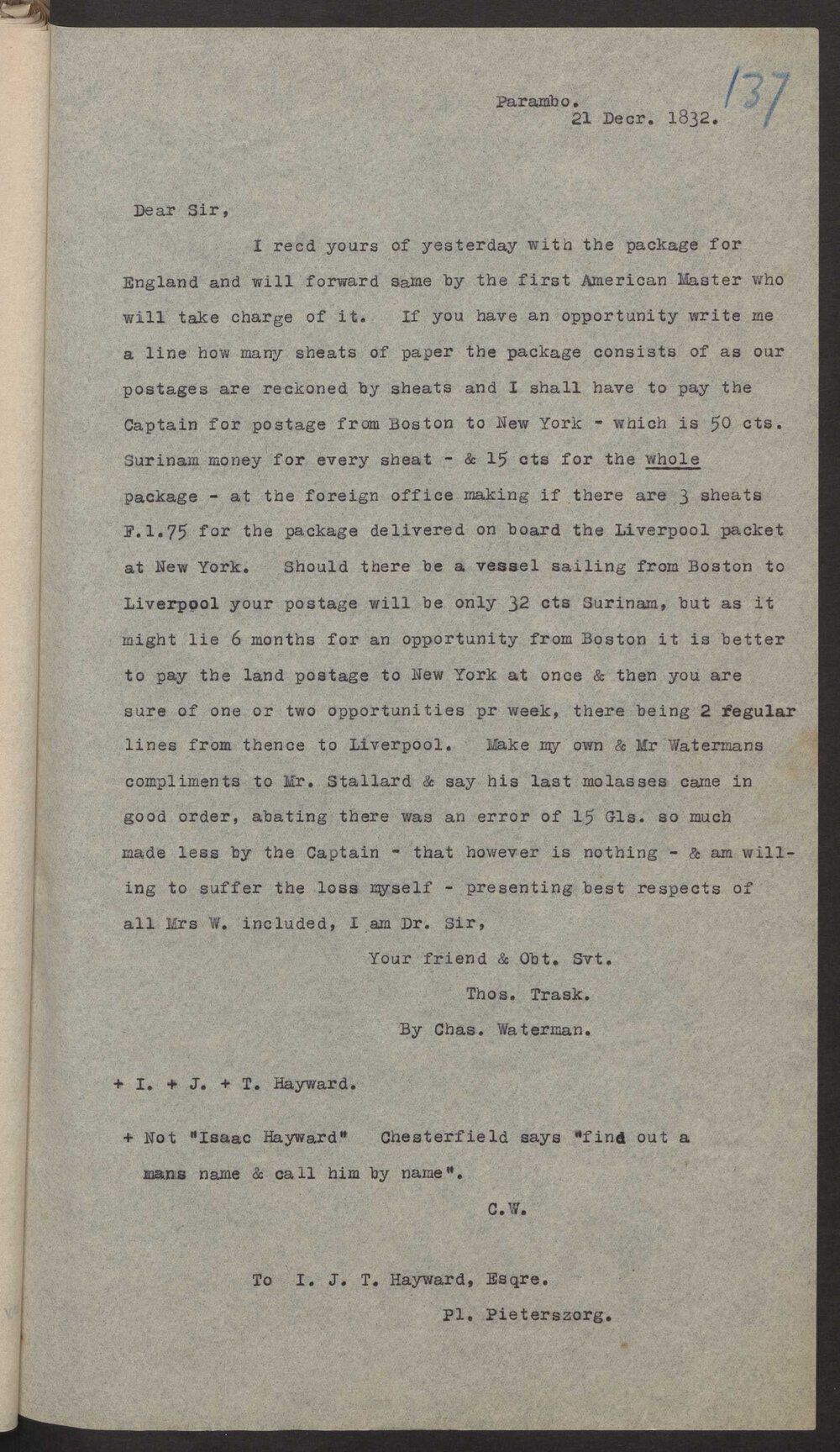 Transcript of letter Thomas Trask to Isaac Hayward, Surinam, 21 December 1832