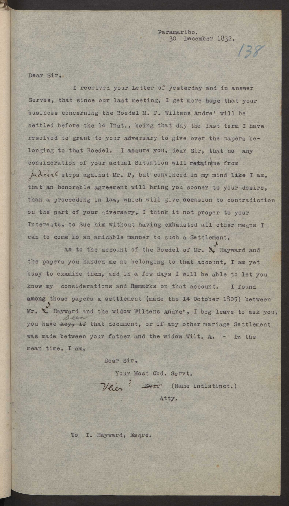 Transcript of letter Vlier to Isaac Hayward, Surinam