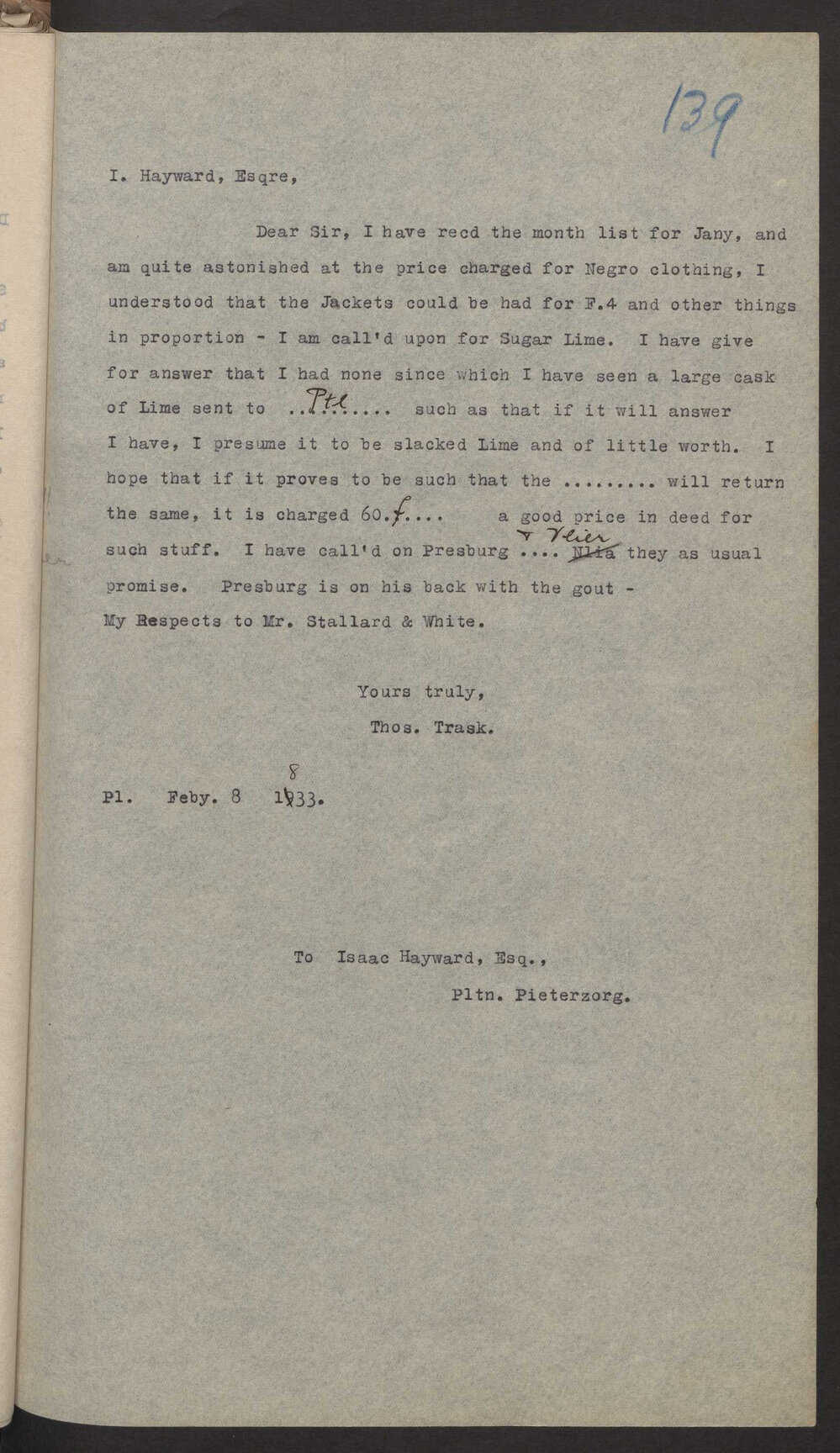 Transcript of letter Thos Trask to Isaac Hayward, Surinam