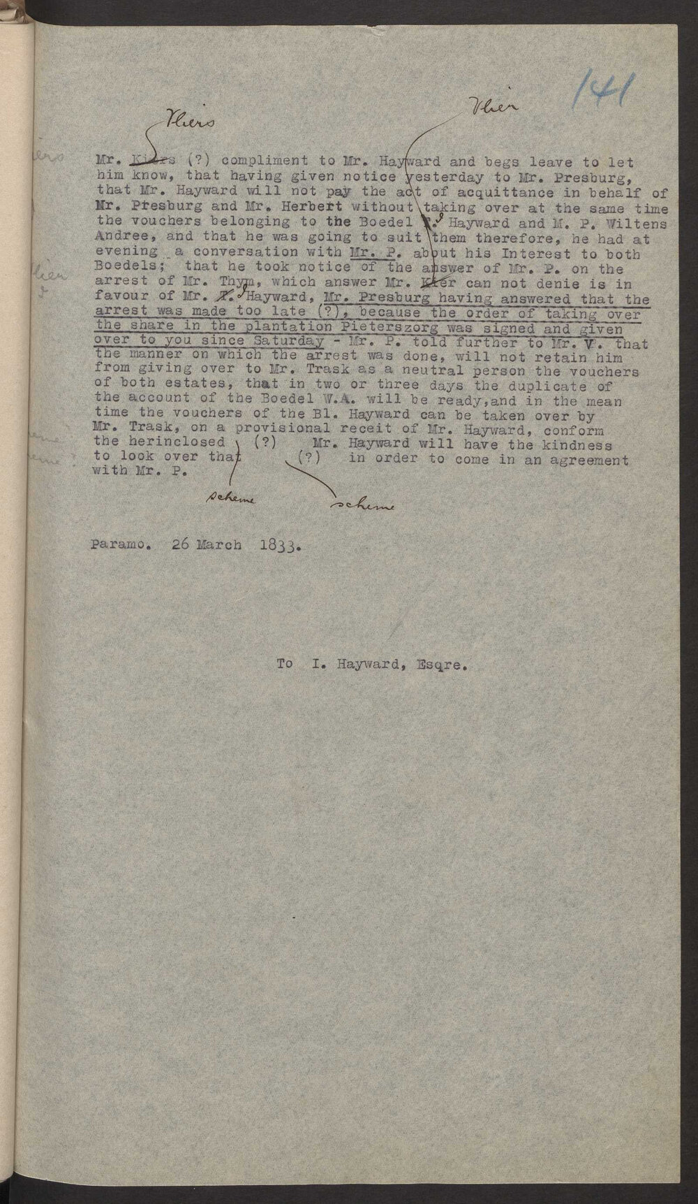 Transcript of letter Mr Vlier to Isaac Hayward, Surinam