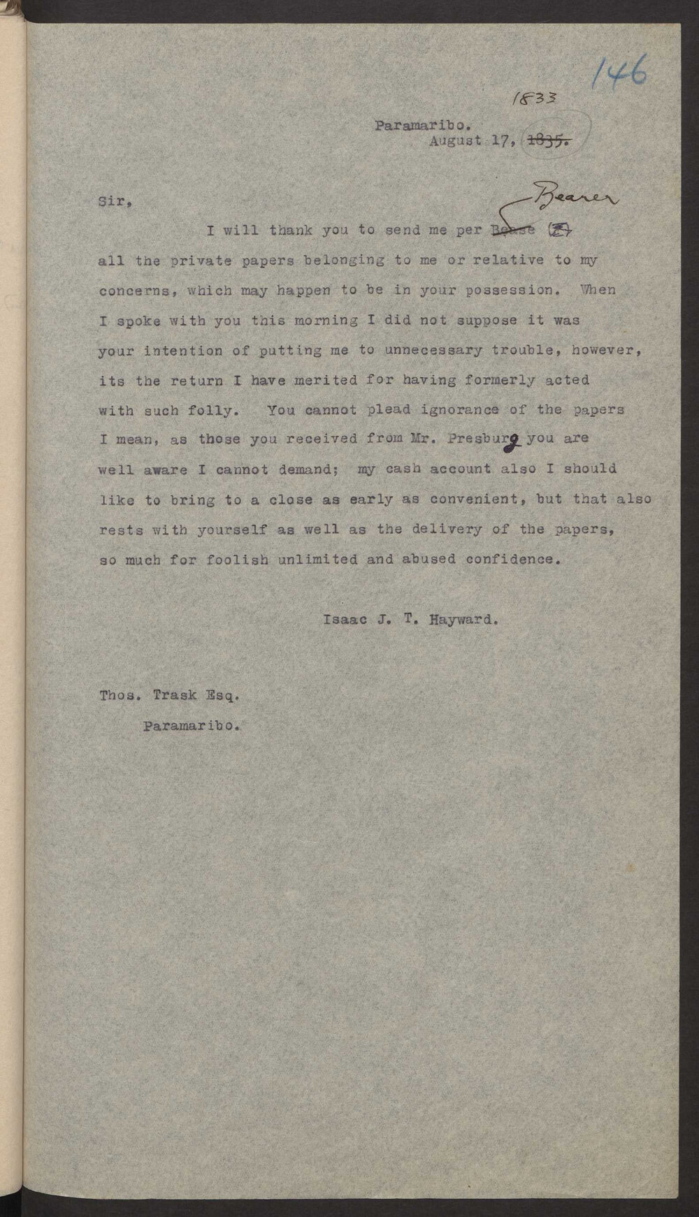 Transcript of letter Isaac J T Hayward to Thomas Trask, Paramaribo