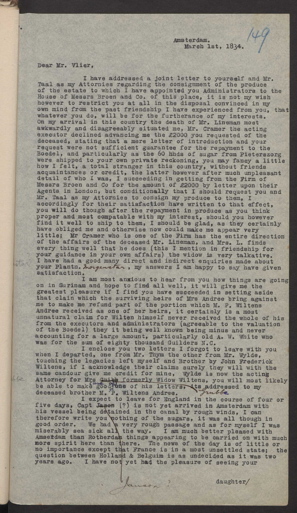 Transcript of letter Isaac Hayward, Amsterdam to N G Vlier, Surinam
