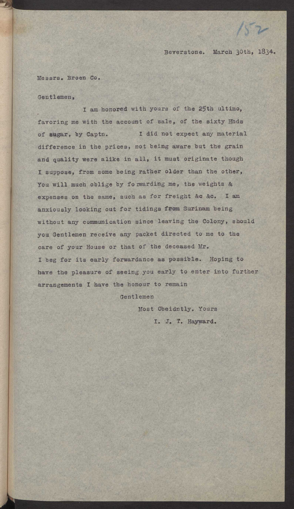Transcript of letter I J T Hayward, Beverstone to Broen and Co, Amsterdam, 30 March 1834