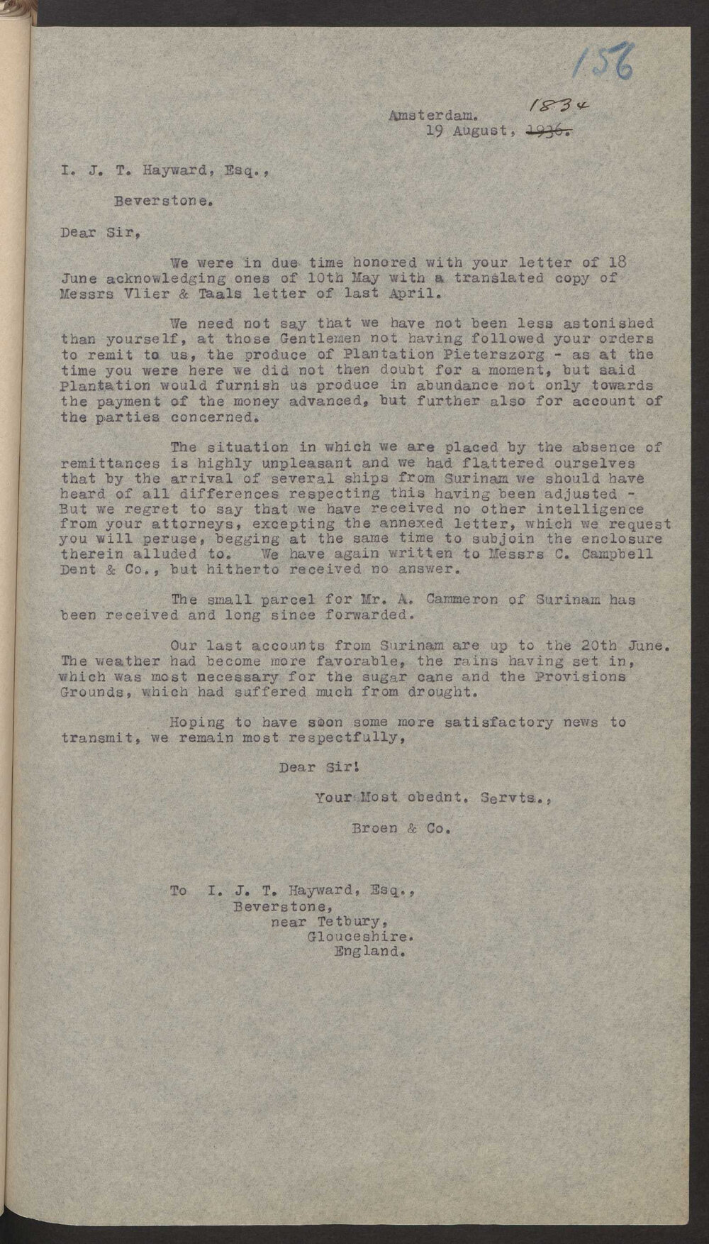 Transcript of letter Broen and Co, Amsterdam to I J T Hayward, Beverstone, 19 August 1834