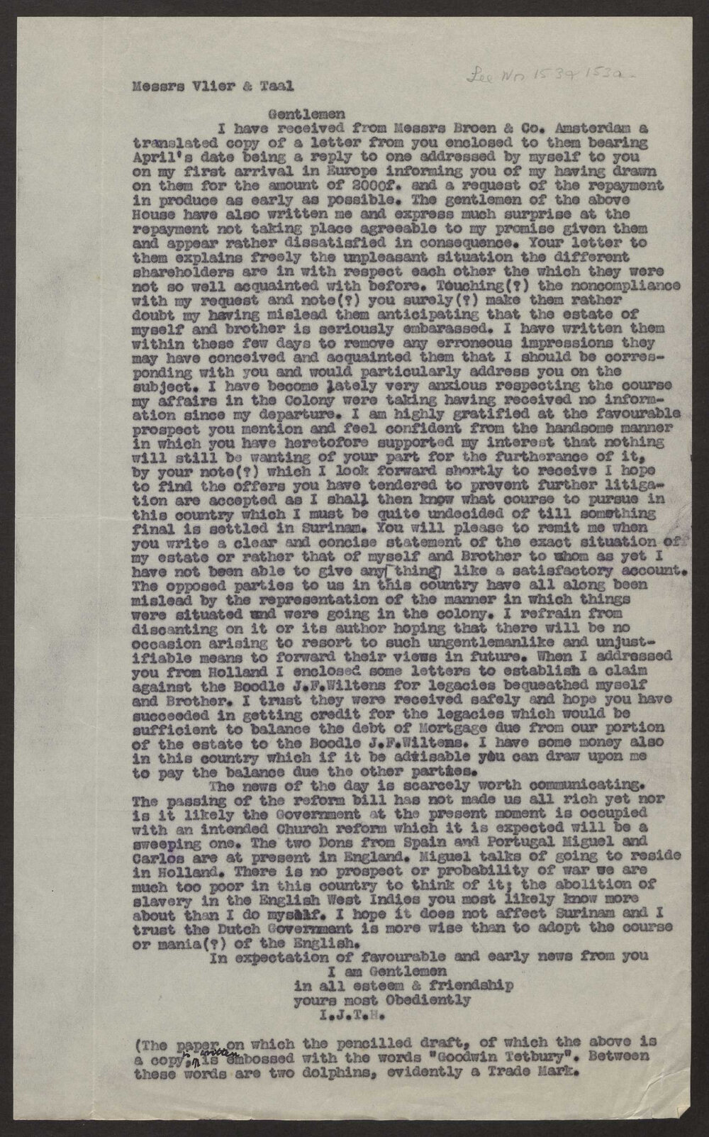 Transcript of letter I J T Hayward, England to Vlier and Taal, c.1834