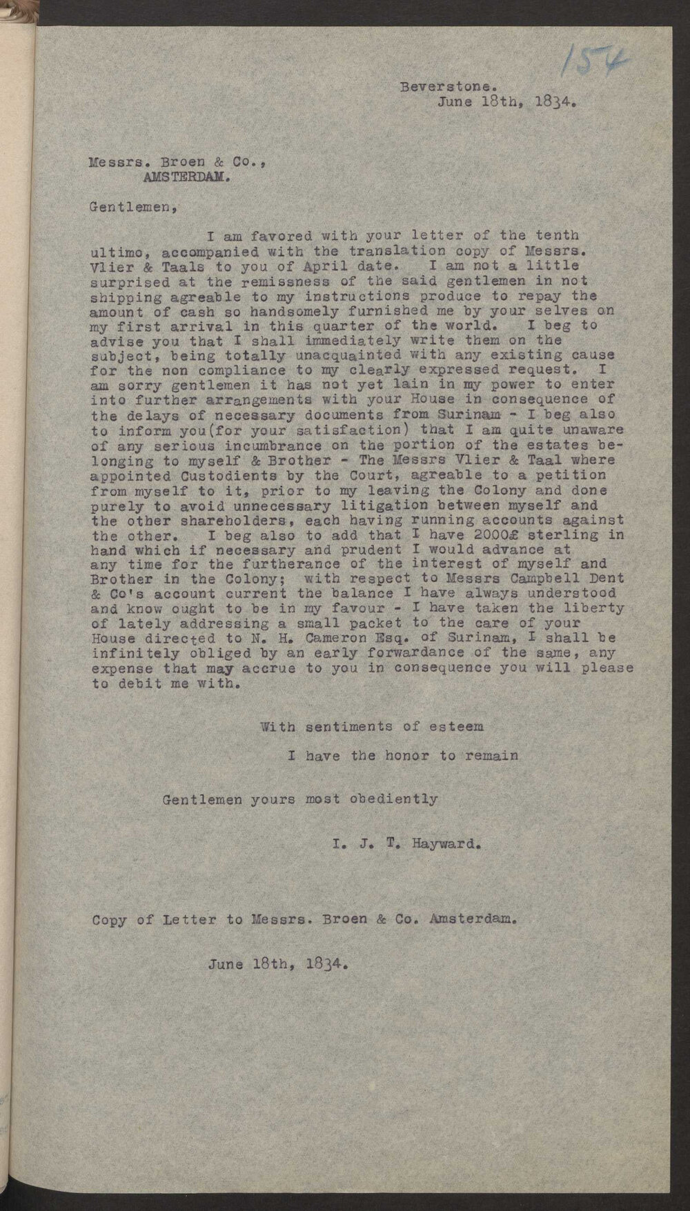 Transcript of letter I J T Hayward, Beverstone to Broen and Co, Amsterdam, 18 June 1834