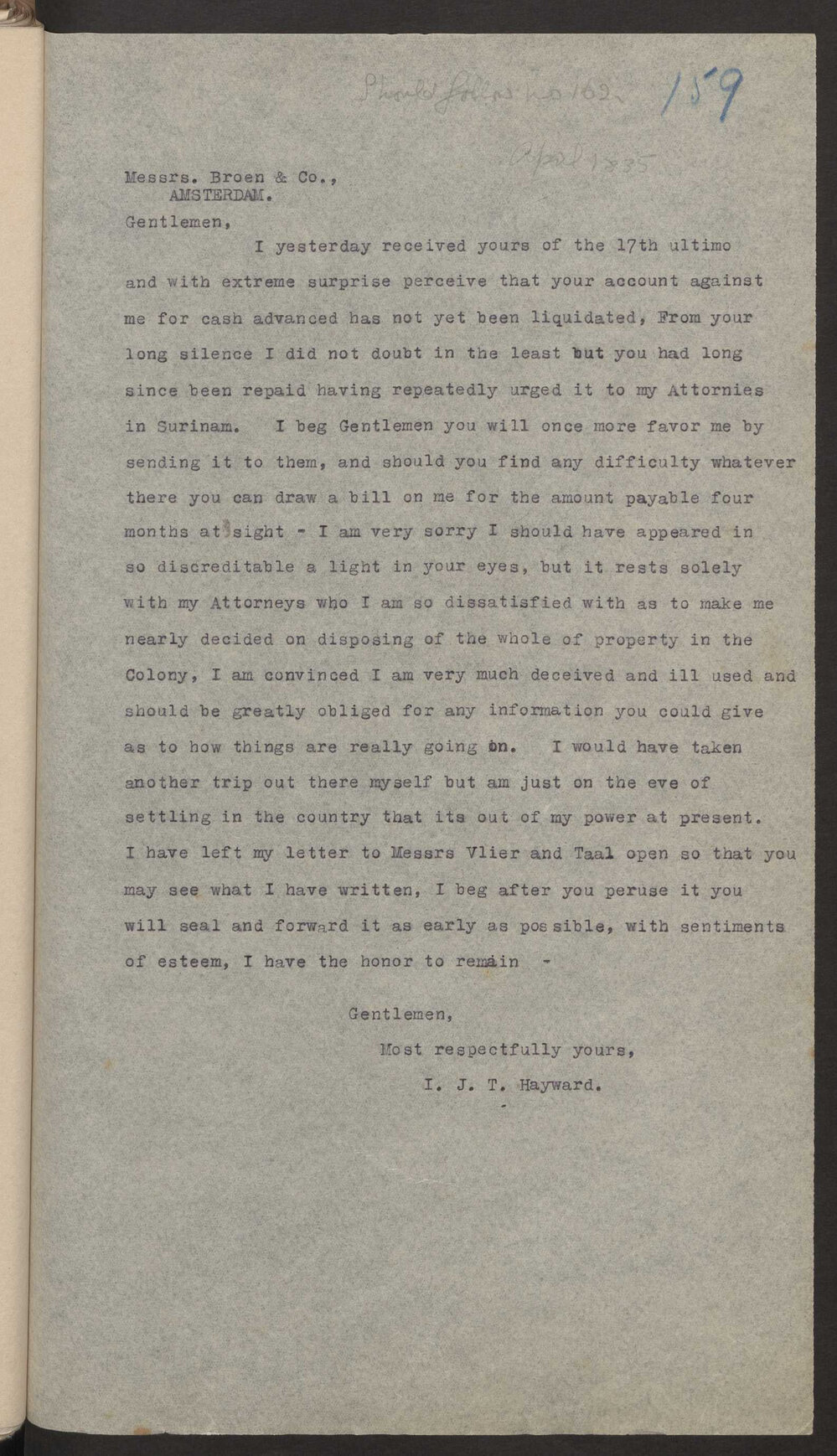 Transcript of letter I J T H, Beverstone to Broen and Co, Amsterdam