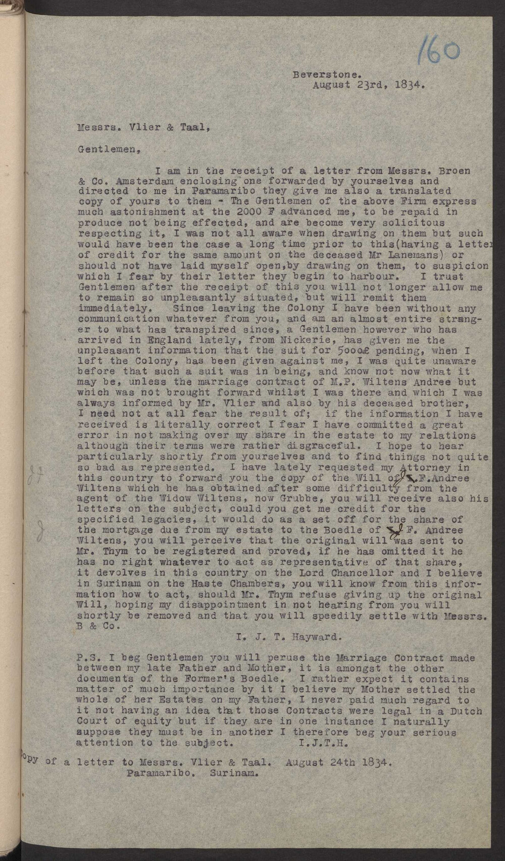 Transcript of letter I J T H, Beverstone to Vlier and Taal, Surinam