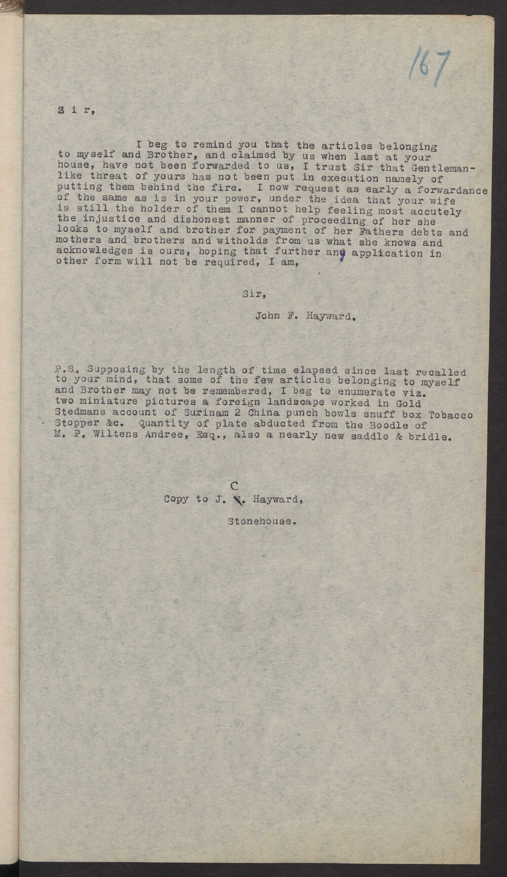 Transcript of letter John F Hayward to Joachim Cooper Hayward