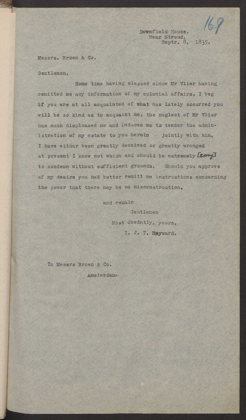 Transcript of letter  I J T Hayward, Stroud to Broen and Co, Amsterdam