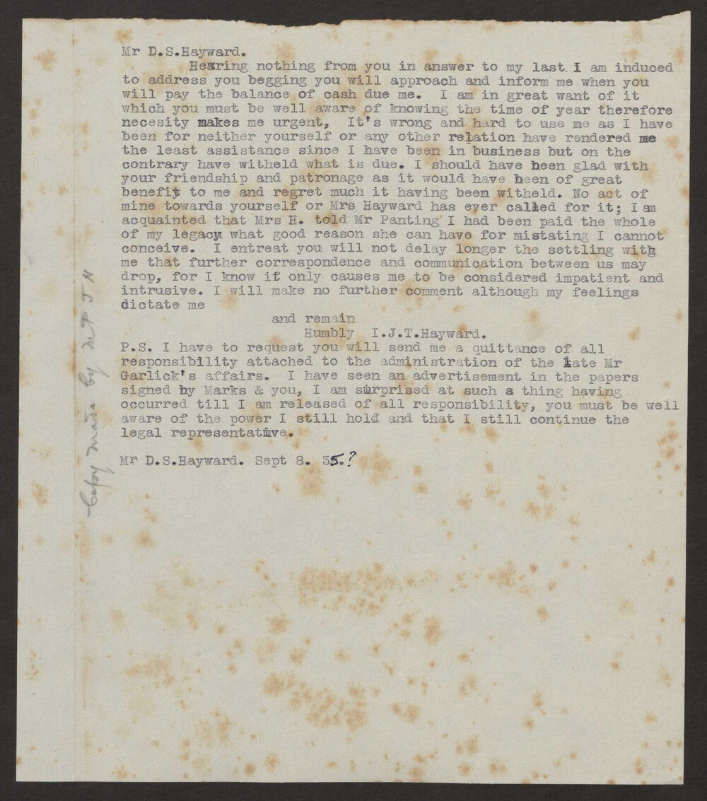 Transcript of letter I J T Hayward (jnr) to Drinkwater Hayward, 8 September 1835