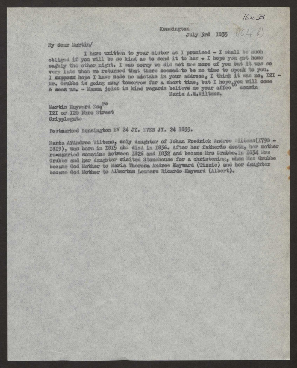 Transcript of maria Andree Wiltens, London to Martinius Peter Hayward, London