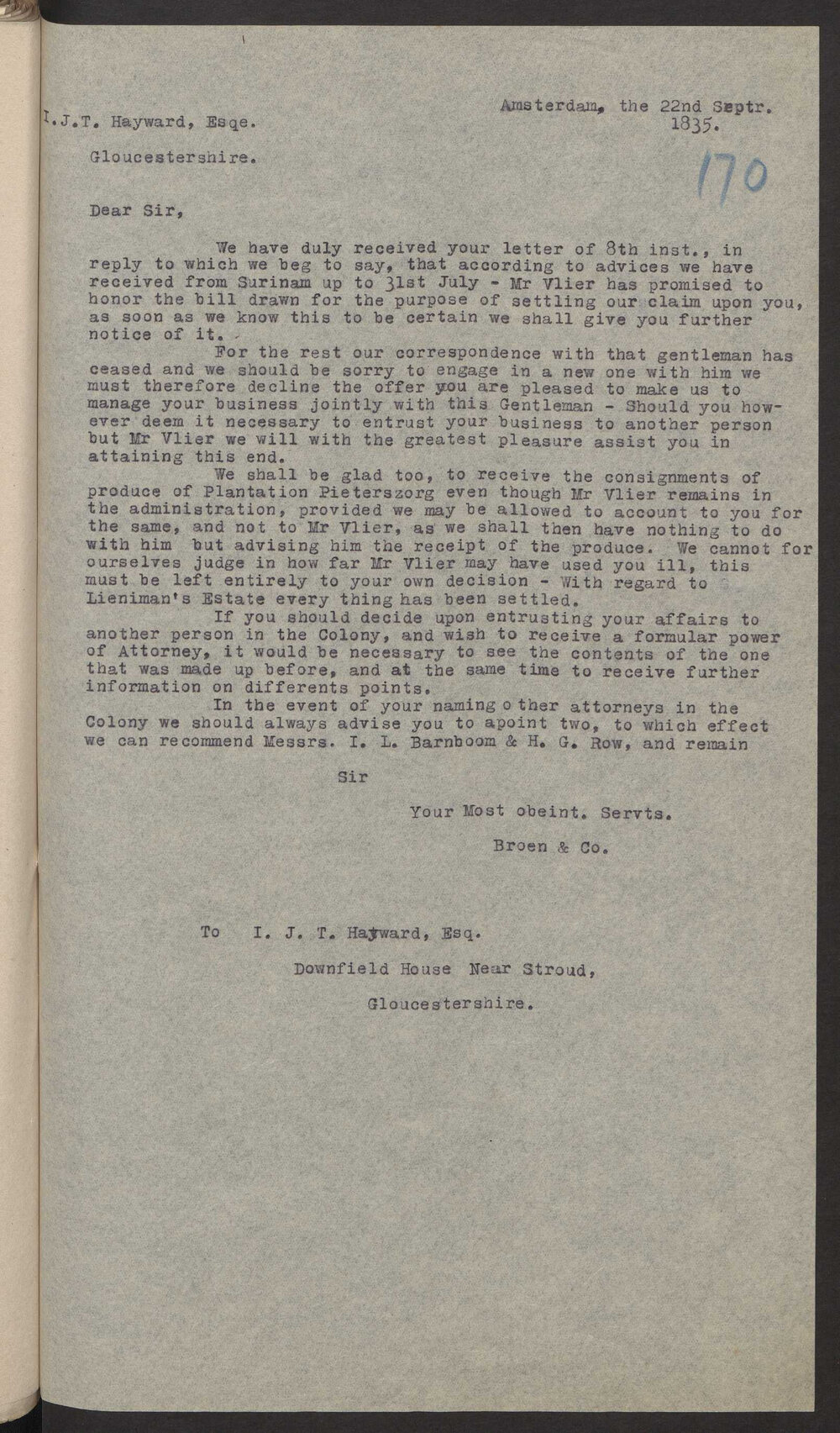 Transcript of letter Broen and Co to  I J T Hayward, Stroud, 22 September 1835