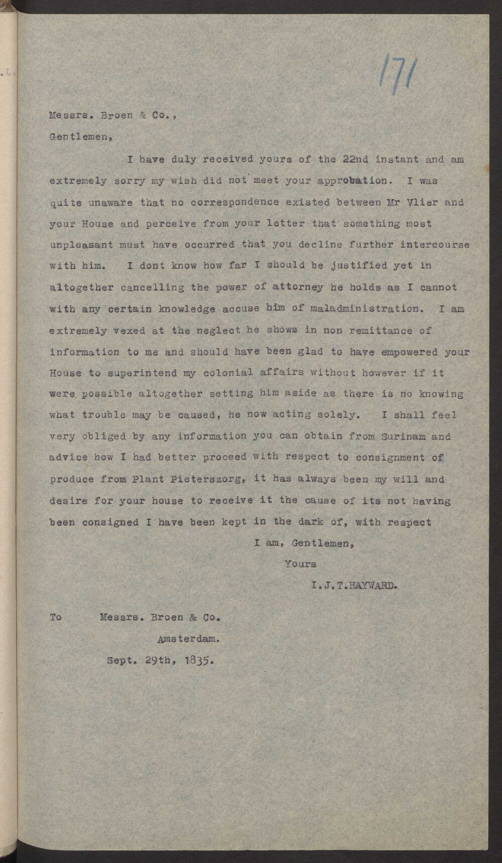 Transcript of letter  I J T Hayward, Stroud to Broen and Co Amsterdam